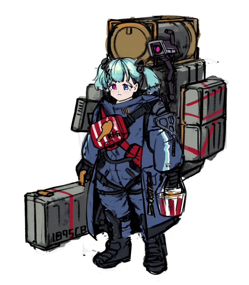 1girl absurdres backpack bag black_footwear black_gloves blue_coat blue_eyes blue_hair boots brand_name_imitation bucket_of_chicken character_name closed_mouth coat commentary cosplay death_stranding dinergate_(girls'_frontline) english_commentary full_body girls'_frontline gloves hair_bobbles hair_ornament heterochromia highres holding holding_suitcase kfc light_blue_hair light_blush long_sleeves m1895_cb_(girls'_frontline) odradek parody pure_boy purple_eyes sam_porter_bridges sam_porter_bridges_(cosplay) short_hair short_twintails simple_background solo standing strap suitcase tears twintails white_background zipper