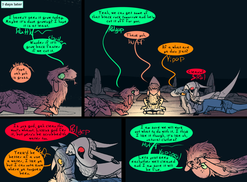 campfire comic desert dinosaur dragon dragonscape drekir dromaeosaurid english_text female feral forl_(thepatchedragon) fur furred_dragon gila_(thepatchedragon) group hi_res hiker_(thepatchedragon) jat_(thepatchedragon) licking male night post-apocalyptic reptile scalie text thepatchedragon theropod tongue tongue_out tribal