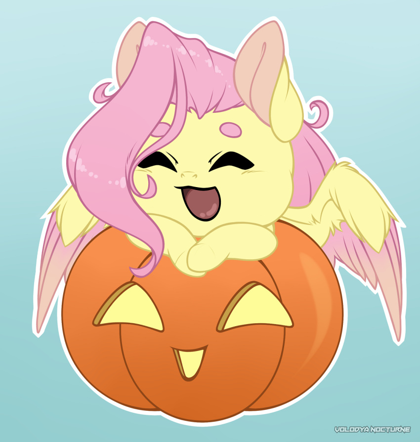 big_ears chibi embarrassed equid equine eyes_closed feathers female feral fluttershy_(mlp) food friendship_is_magic fruit hair hasbro hi_res horse jack-o'-lantern long_hair magic mammal my_little_pony plant pony pumpkin smile solo volodyanocturne wings