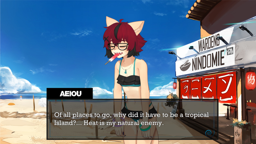 1girl aeiou_(yoako) ahoge animal_ears animal_nose beach bikini black-framed_eyewear blue_bikini blue_nails blue_sky body_fur border bracelet breasts cat_ears cat_tail cleavage closed_eyes day eating english_text facing_viewer fingernails food furry furry_female glasses hair_ornament hairclip highres holding jewelry jupiter_symbol layered_bikini multicolored_hair multicolored_nails nail_polish navel necklace original outdoors pinky_out popsicle red_hair sharp_teeth short_hair sky small_breasts solo standing streaked_hair swimsuit tail teeth watermelon_bar x_hair_ornament yoako