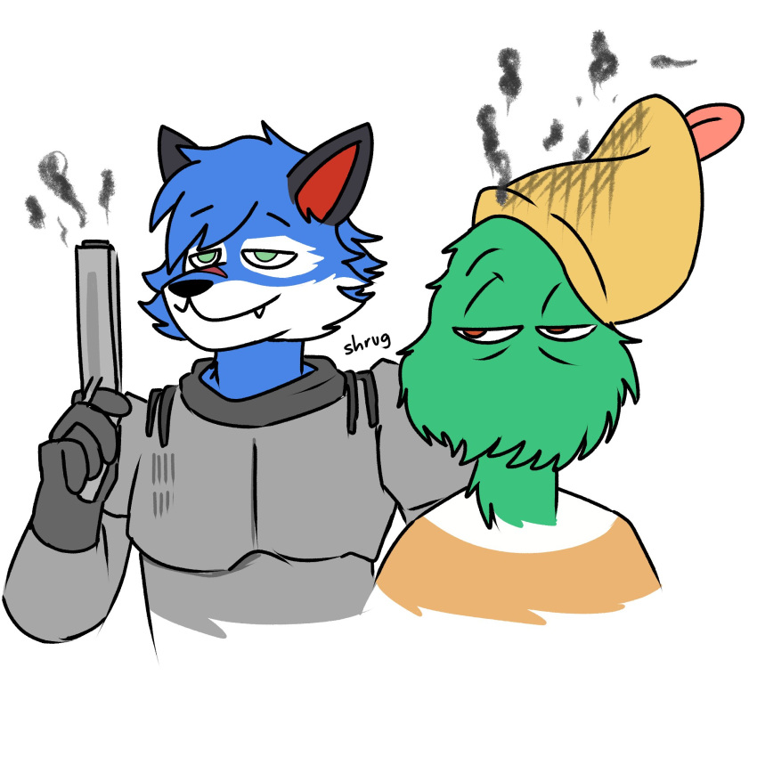 anas anatid anseriform anthro armor avian bird blue_body blue_fur bradonninjaaa canid canine dabbling_duck duck duo feathers fox fur green_body green_eyes green_feathers gun handgun hi_res humor male mallard mammal pistol ranged_weapon simple_background smoking_gun sonicfox ssbmteo weapon white_background