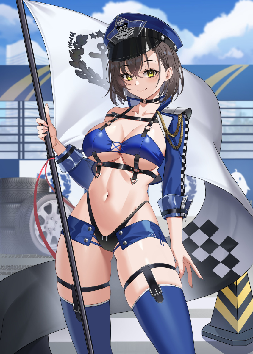 1girl absurdres aiguillette ass_visible_through_thighs azur_lane baltimore_(azur_lane) baltimore_(finish_line_flagbearer)_(azur_lane) black_choker black_panties blue_headwear blue_sky blue_thighhighs blush braid breasts brown_hair choker closed_mouth cloud cloudy_sky collarbone crossed_bangs flag hat highleg highleg_panties highres holding holding_flag large_breasts looking_at_viewer navel official_alternate_costume otakueden1995 panties peaked_cap race_queen revealing_clothes short_hair sky smile solo stomach thigh_strap thighhighs tire underwear yellow_eyes