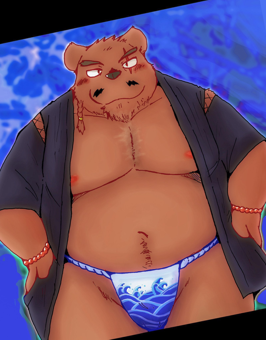 2023 anthro asian_clothing bear blush brown_body clothing east_asian_clothing facial_hair fundoshi hi_res japanese_clothing jinbei_(clothing) kemono male mammal moobs mustache nipples overweight overweight_male snow_utamaru solo underwear