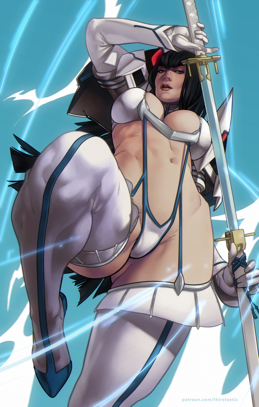 1girl absurdres black_hair boots breasts dima_ivanov gloves highres junketsu kill_la_kill kiryuuin_satsuki large_breasts leg_up long_hair navel revealing_clothes sheath solo stomach sword thigh_boots unsheathing weapon