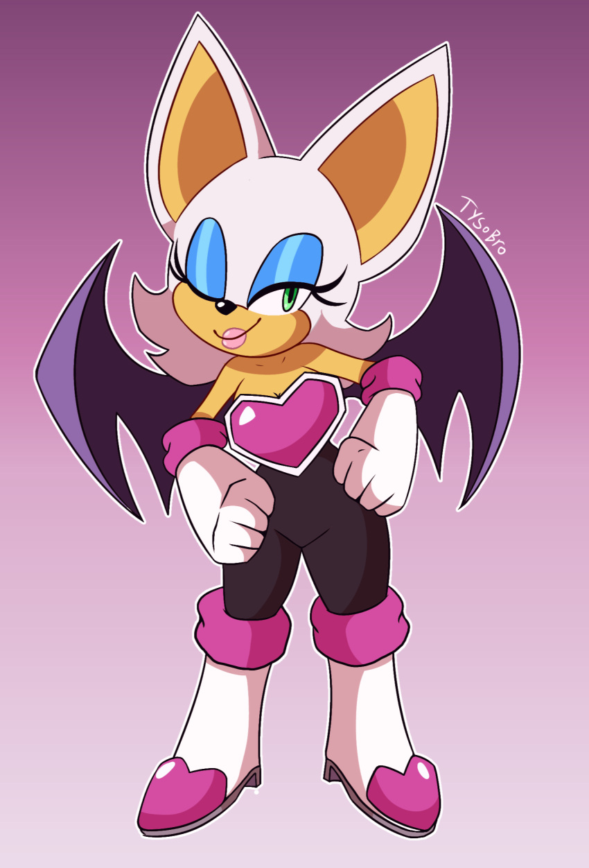 2022 anthro bat boots breasts clothing eyeshadow female footwear fur gloves handwear hi_res high_heeled_boots high_heels lipstick looking_at_viewer makeup mammal one_eye_closed rouge_the_bat sega signature simple_background solo sonic_the_hedgehog_(series) tan_body tan_skin tyso_art white_body white_fur wings wink