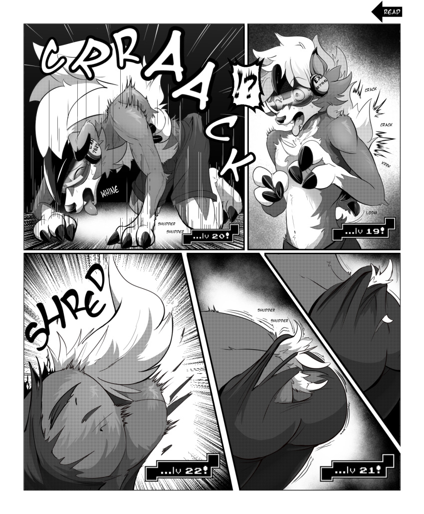 ?! all_fours anthro bodily_fluids bottomwear butt claws clothing comic digitigrade english_text fangs finger_claws forced forced_transformation generation_7_pokemon gloves_(marking) greyscale growth hi_res leg_markings lycanroc male markings mid_transformation midnight_lycanroc monochrome nintendo open_mouth pants pokemon pokemon_(species) shaded snout socks_(marking) solo species_transformation tail_burst tail_growth tail_growth_in_pants tears teeth text toe_claws tongue tongue_out torn_bottomwear torn_clothing torn_pants toshabi transformation transformation_sequence visor