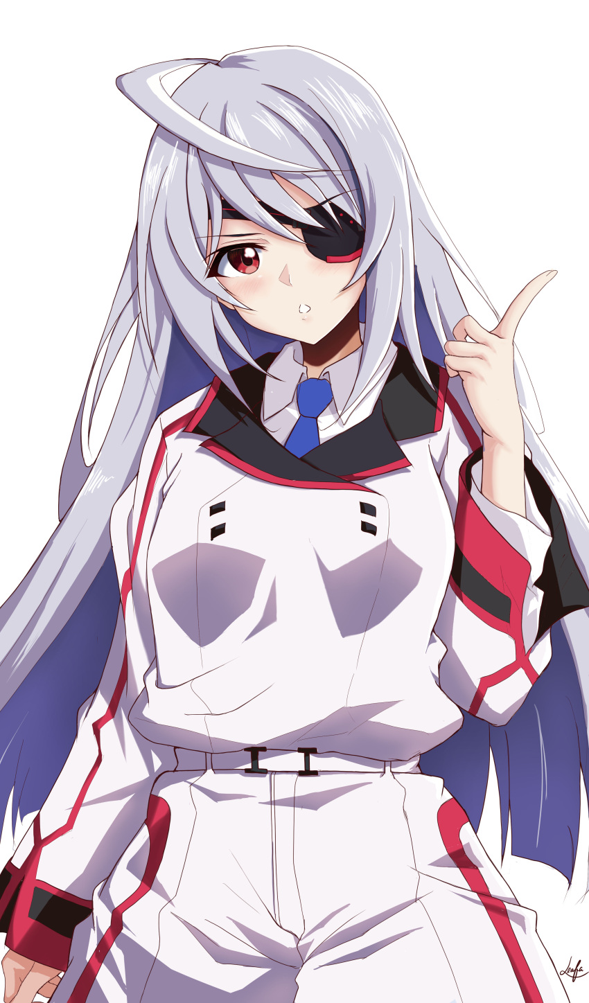 1girl absurdres ahoge belt blush breasts eyepatch grey_hair highres infinite_stratos jodhpurs laura_bodewig long_hair long_sleeves looking_at_viewer parted_lips red_eyes simple_background small_breasts solo standing tobari0394 uniform white_background