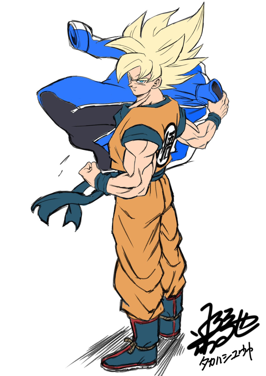 1boy blonde_hair blue_jacket clenched_hand dougi dragon_ball dragon_ball_super highres holding holding_clothes holding_jacket jacket muscular muscular_male solo son_goku super_saiyan super_saiyan_1 takahashi_yuuya white_background