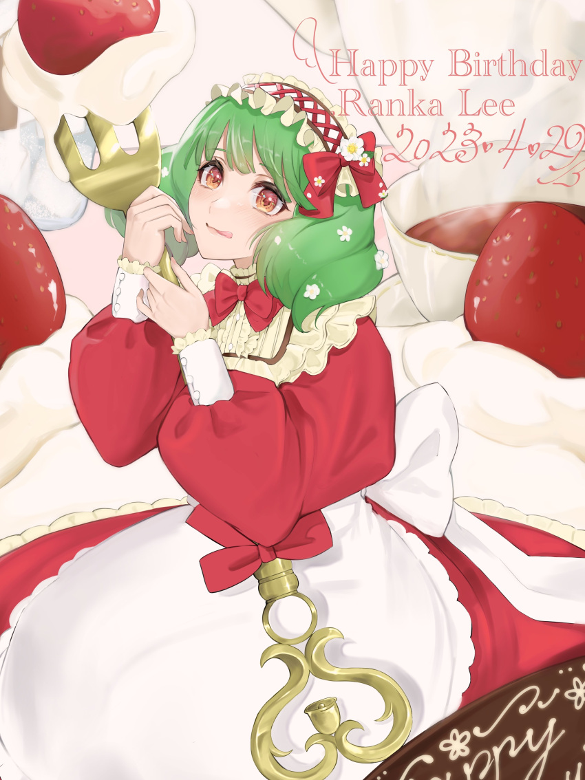 1girl absurdres apron bow brown_eyes brown_hairband cake character_name cream dated dress food fork fruit green_hair hairband happy_birthday highres holding holding_fork kabu_(kaopako_) licking_lips lolita_hairband looking_at_viewer macross macross_frontier mini_person minigirl puffy_sleeves ranka_lee red_bow red_dress short_hair smile solo strawberry tongue tongue_out white_apron white_bow