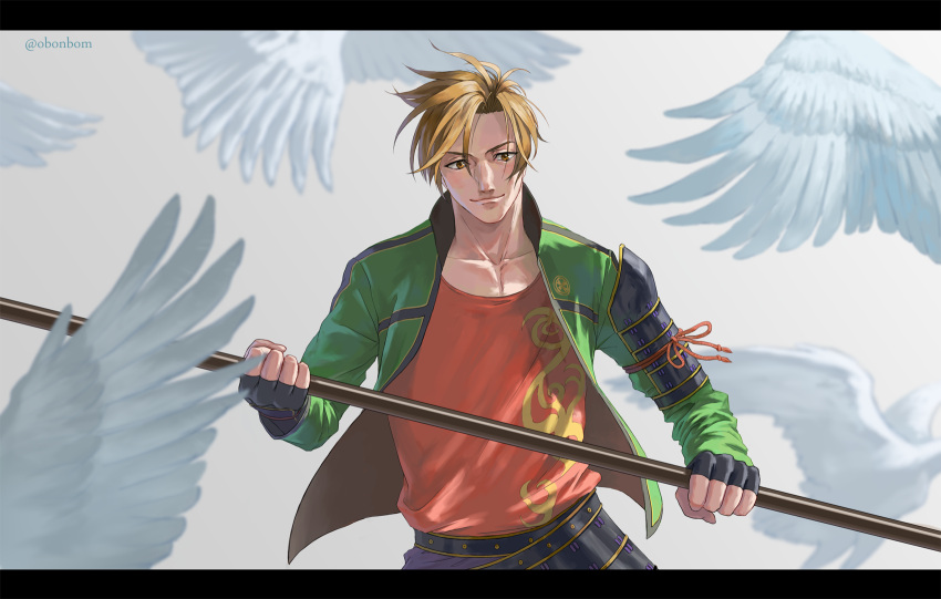 1boy bird bird_wings commentary_request feathered_wings fingerless_gloves gloves green_jacket highres holding holding_polearm holding_weapon jacket looking_down male_focus obonbom otegine polearm red_shirt shirt smile touken_ranbu twitter_username weapon white_background wings yellow_eyes