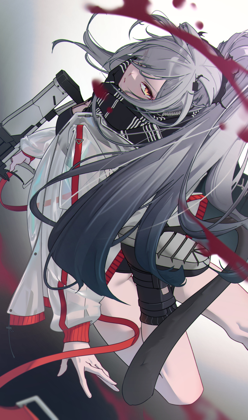1girl absurdres animal_ear_fluff animal_ears arknights ass black_footwear black_scarf black_socks boots breasts cat_ears cat_girl cat_tail cleavage eyes_visible_through_hair from_behind grey_hair gun highres holding holding_gun holding_weapon jacket kimo_suna knee_boots kneehighs large_breasts leg_up long_hair long_sleeves looking_at_viewer looking_back open_clothes open_jacket orange_eyes ponytail scarf schwarz_(arknights) socks solo tail v-shaped_eyebrows very_long_hair weapon white_jacket
