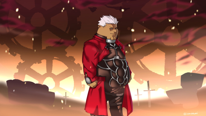 1boy absurdres archer_(fate) archer_(fate)_(cosplay) cleft_chin clenched_hand coat cosplay couch dark-skinned_male dark_skin family_guy fat fat_man fate/stay_night fate_(series) highres kowai_(iamkowai) looking_at_viewer male_focus outdoors peter_griffin planted planted_sword red_coat short_hair solo standing sword toilet unlimited_blade_works_(fate) very_short_hair weapon white_hair