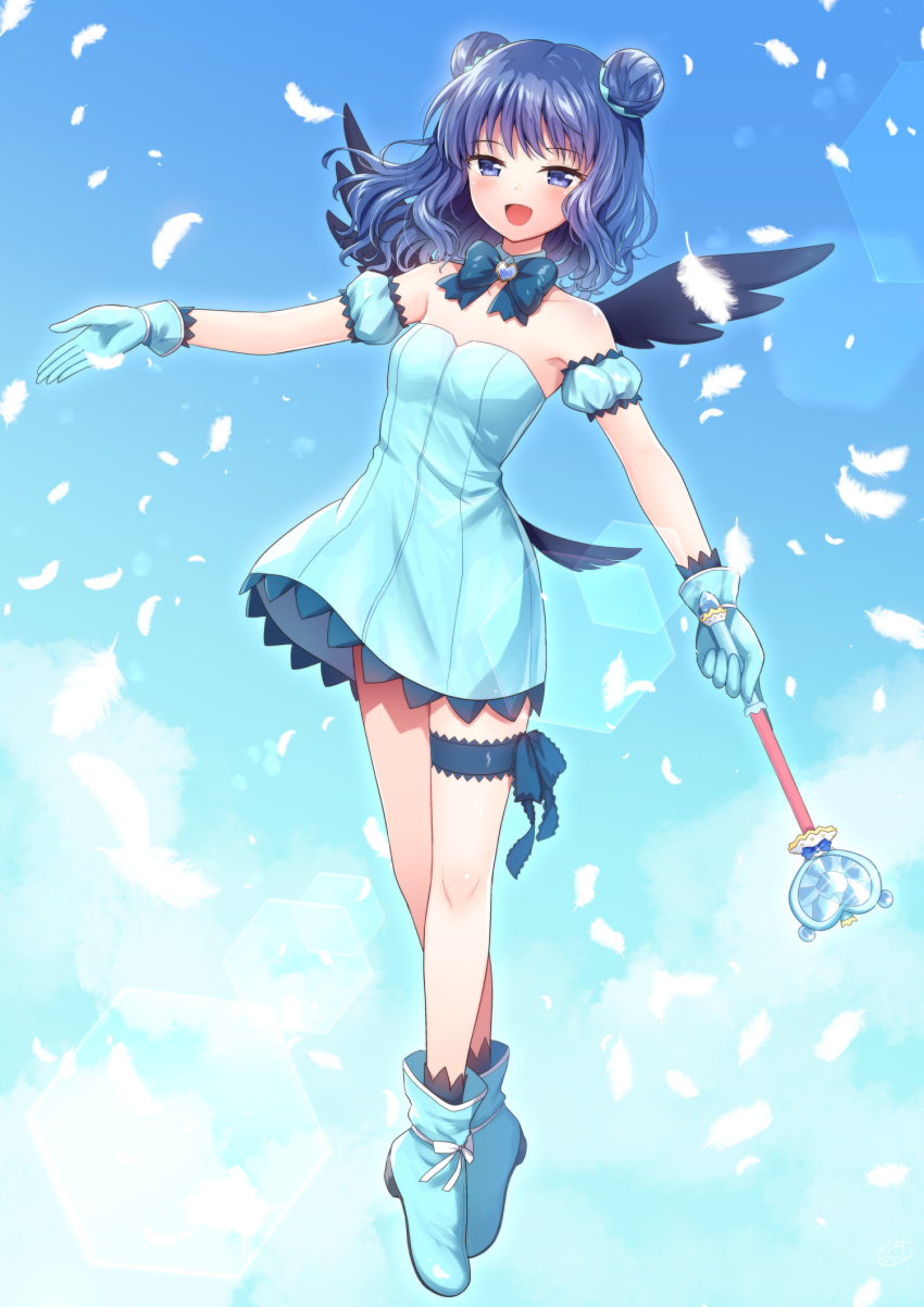 1girl :d aizawa_mint black_socks black_wings blue_background blue_dress blue_eyes blue_footwear blue_gloves blue_hair blue_sleeves boots breasts commentary_request detached_sleeves double_bun dress feathered_wings full_body gloves hair_bun half-closed_eyes heart highres holding holding_wand long_hair mew_mint mini_wings nakamura_hinato puffy_short_sleeves puffy_sleeves short_sleeves small_breasts smile socks solo strapless strapless_dress tokyo_mew_mew wand white_wings wings