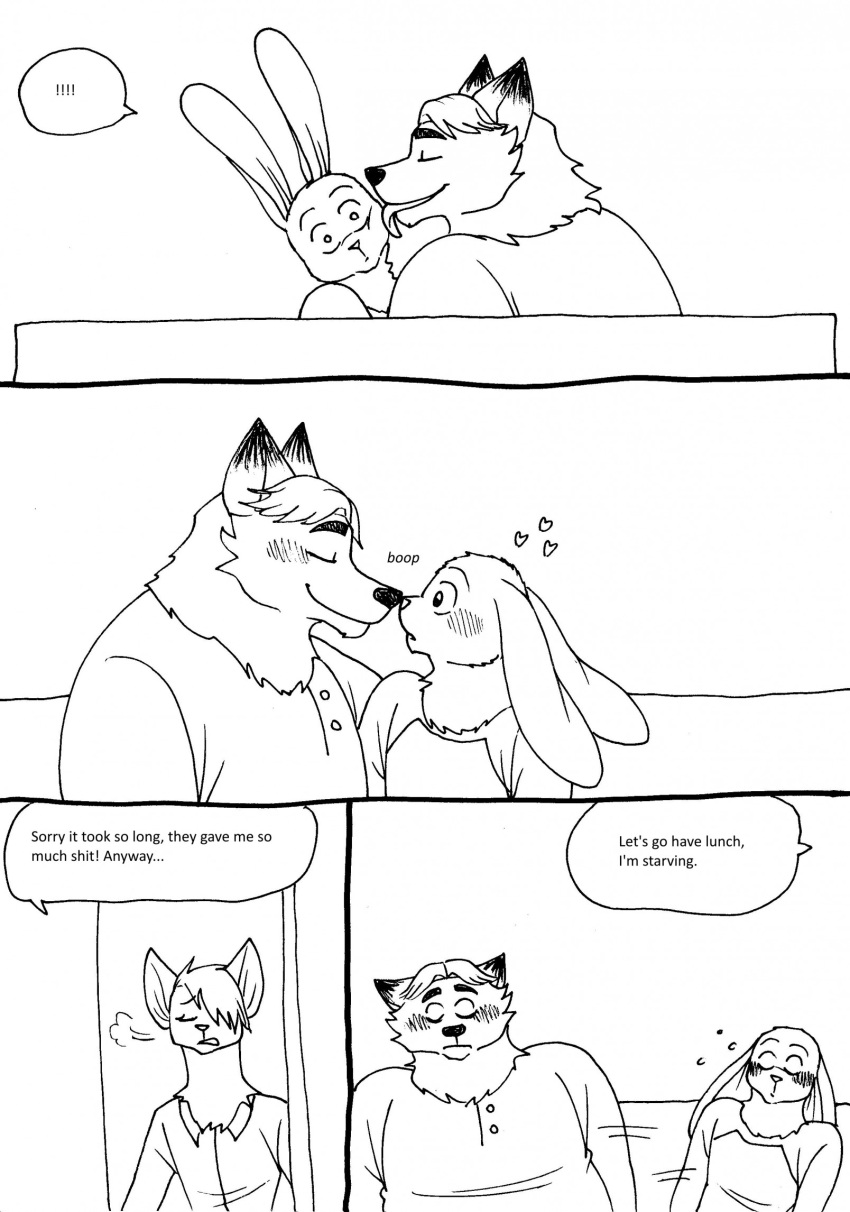 &lt;3 2023 anthro bernielover biped blush canid canine clothing comic dialogue disney duo english_text exclamation_point eyes_closed fan_character fox gideon_grey hi_res lagomorph leporid licking mammal nose_kiss rabbit shirt sitting slightly_chubby text tongue tongue_out topwear zootopia