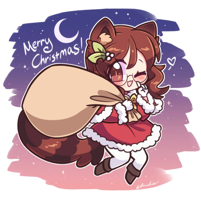 1girl animal_ears brown_eyes brown_footwear brown_hair chibi crescent_moon full_body futatsuiwa_mamizou glasses gloves highres index_finger_raised leaf leaf_on_head littlecloudie merry_christmas moon pantyhose raccoon_ears raccoon_girl raccoon_tail round_eyewear santa_costume semi-rimless_eyewear solo tail touhou under-rim_eyewear white_gloves white_pantyhose