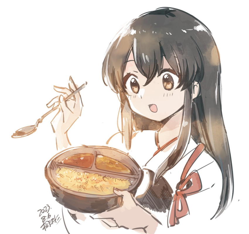 1girl akagi_(kancolle) artist_name black_hair blush brown_eyes dated food hair_between_eyes highres holding holding_spoon japanese_clothes kantai_collection kirisawa_juuzou long_hair muneate open_mouth rice signature simple_background sketch solo spoon tasuki upper_body white_background