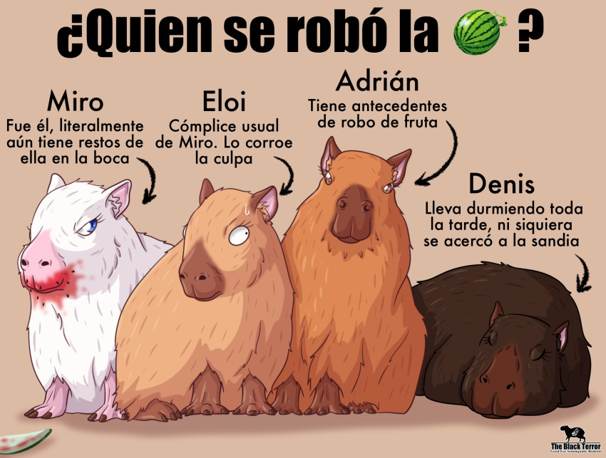 albino ambiguous_gender blue_eyes brown_body capybara caviid eyes_closed feral food fruit group hi_res humor looking_at_viewer lying mammal melon multicolored_body plant rodent sitting spanish_text text the-black-terror two_tone_body watermelon white_body