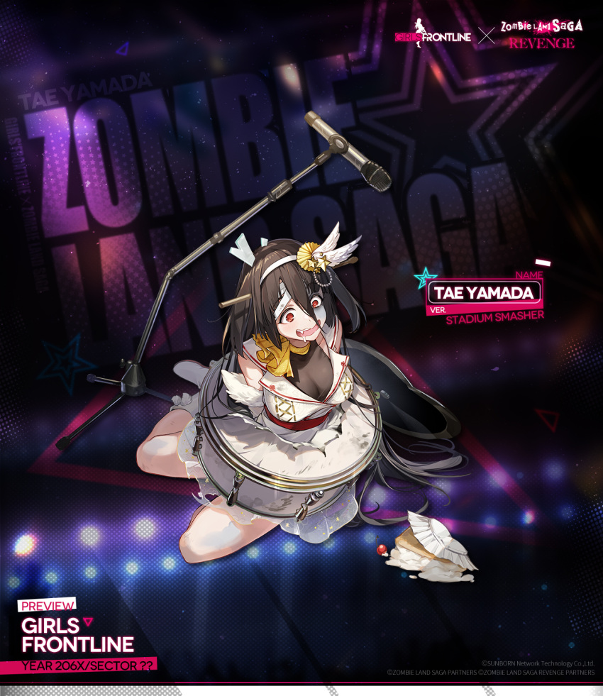 1girl ascot bandaged_head bandages bent black_hair boots breasts cake character_name cherry cleavage colored_shoe_soles commentary copyright_name cymbals dress drooling drum drumsticks english_commentary english_text facepaint fang food fruit full_body fur-trimmed_sleeves fur_trim girls'_frontline glass_shards gloves hair_between_eyes hairband highres imoko_(imonatsuki) injury instrument large_breasts long_hair microphone microphone_stand no_socks object_through_head official_alternate_costume official_art on_floor open_mouth paper_plate plate promotional_art red_eyes see-through see-through_sleeves single_sleeve solo spill star_(symbol) teeth upper_teeth_only wavy_mouth white_dress white_footwear white_gloves white_hairband yamada_tae yellow_ascot zombie zombie_land_saga