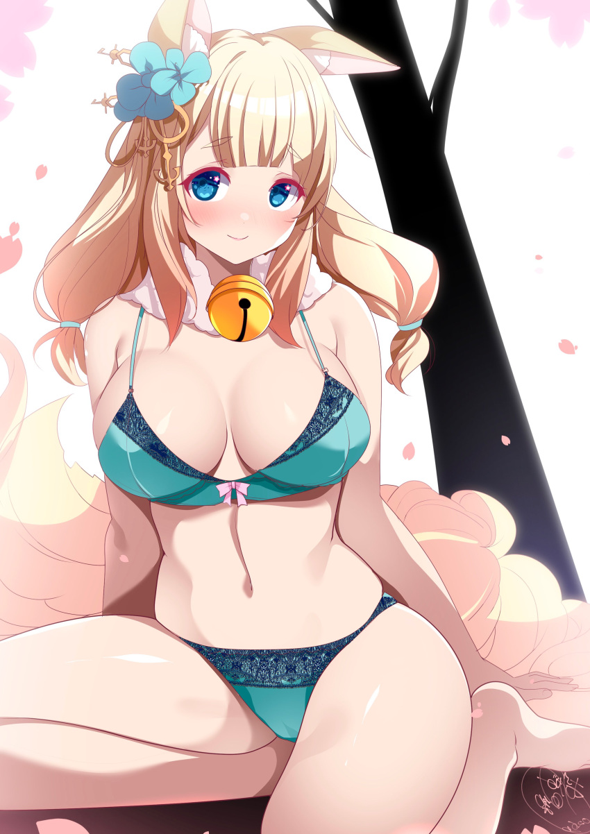 1girl absurdres animal_ears aqua_bra aqua_eyes aqua_panties azur_lane bare_legs barefoot bell blonde_hair bra breasts cleavage eyeshadow fox_ears fox_girl fox_tail green_bra green_eyes green_panties highres lace-trimmed_bra lace-trimmed_panties lace_trim large_breasts lingerie looking_at_viewer makeup multiple_tails neck_bell niizuki_(azur_lane) origami_aya panties sitting tail underwear underwear_only yokozuwari