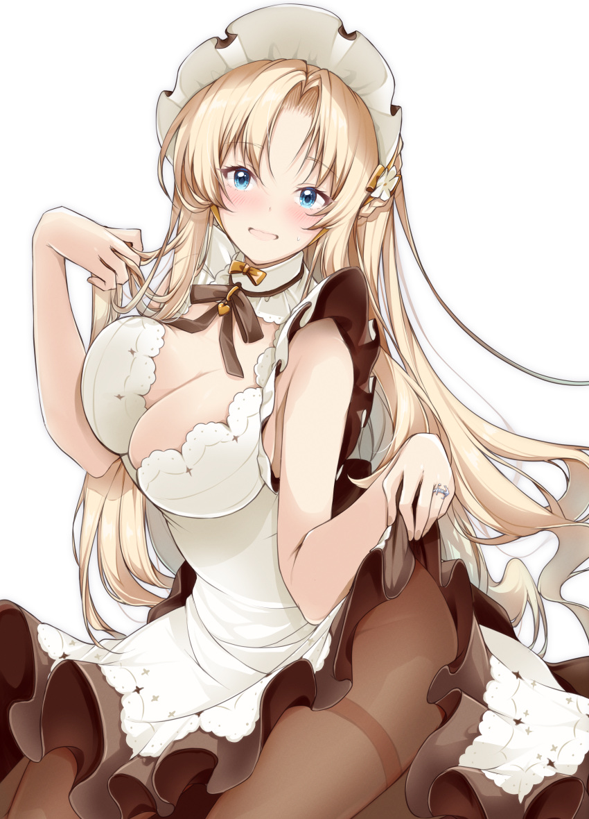 1girl absurdres alternate_breast_size apron azur_lane bare_arms bare_shoulders black_gloves blonde_hair blue_eyes blush breasts brown_pantyhose cleavage_cutout clothes_lift clothing_cutout commentary_request cowboy_shot dress dress_lift gloves highres jewelry large_breasts lifted_by_self long_hair maid maid_apron maid_headdress mikuchi3939 neck_ribbon official_alternate_costume open_mouth pantyhose ribbon ring see-through_cleavage sidelocks simple_background skirt_hold sleeveless sleeveless_dress smile solo thighband_pantyhose vanguard_(azur_lane) vanguard_(half-hearted_masquerade)_(azur_lane) very_long_hair wedding_ring white_apron white_background white_dress