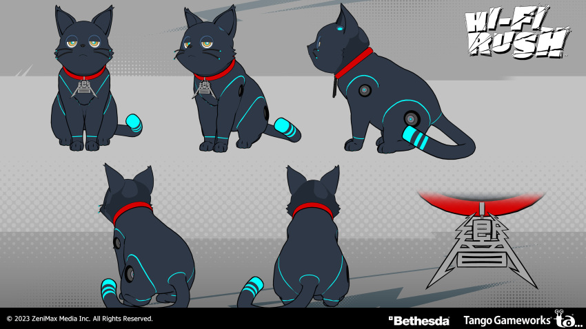 16:9 2023 3d_(artwork) 4k 808_(hi-fi_rush) absurd_res bethesda_softworks black_body black_fur blue_markings blue_pupils collar collar_tag copyright_symbol digital_media_(artwork) dipstick_tail domestic_cat english_text felid feline felis feral fur grey_background hi-fi_rush hi_res logo machine mammal markings multiple_angles official_art pupils robot simple_background solo symbol tail tail_markings tango_gameworks text whisker_markings whiskers widescreen yellow_eyes yosuke_ishikawa