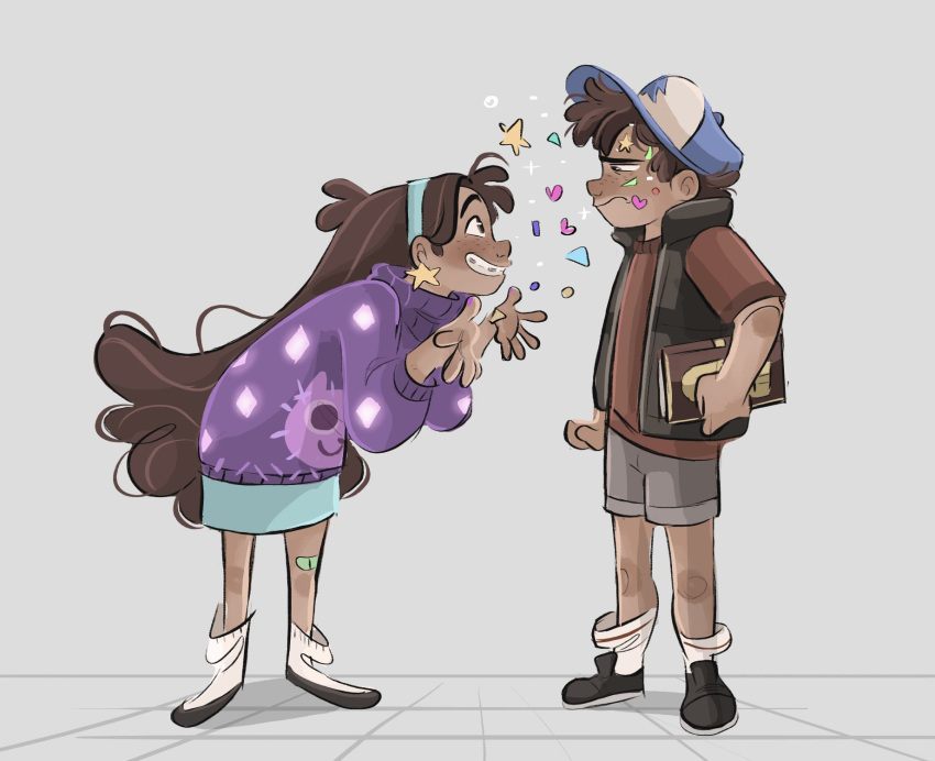 1boy 1girl angry annoyed aqua_hairband bandaid bandaid_on_leg baseball_cap black_footwear blue_headwear book braces brother_and_sister brown_eyes brown_hair brown_shorts clenched_hand confetti dipper_pines earrings eye_contact freckles frown glitter gravity_falls grin hairband half-closed_eyes hat heart highres holding holding_book jewelry jjgg_art leaning_forward long_hair long_sleeves looking_at_another loose_socks mabel_pines pine_tree purple_sweater red_shirt shirt shoes short_sleeves shorts siblings sleeveless sleeveless_jacket smile sneakers socks star_(symbol) star_earrings sticker_on_face sweater t-shirt tree tree_print turtleneck turtleneck_sweater twins very_long_hair white_socks