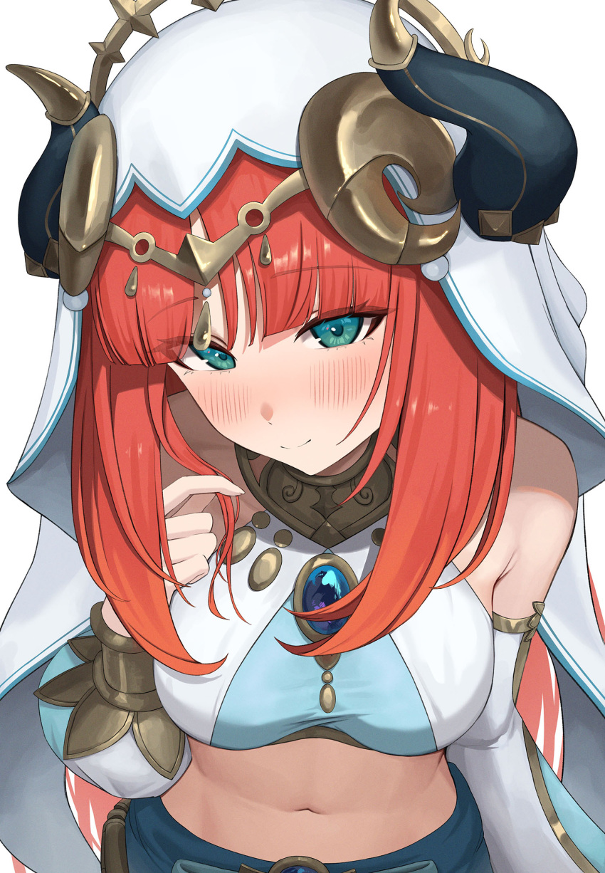 1girl armlet blue_skirt blush bracer breasts brooch fake_horns genshin_impact green_eyes hair_ornament harem_outfit highres horns jewelry long_hair long_sleeves looking_at_viewer low_twintails medium_breasts neck_ring nilou_(genshin_impact) puffy_long_sleeves puffy_sleeves red_hair sash sidelocks skirt smile solo sp123 twintails veil
