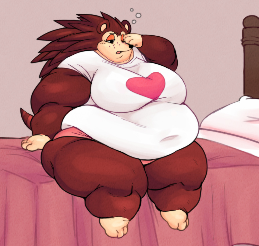 animal_crossing anthro bed belly big_belly big_breasts black_nose breasts brown_body brown_fur clothed clothing eulipotyphlan fat_arms female fur furniture heart_shirt hedgehog hi_res mammal navel_outline nintendo obese obese_anthro obese_female one_eye_closed overweight overweight_anthro overweight_female panties pillow sable_able smolsnuff solo tired underwear