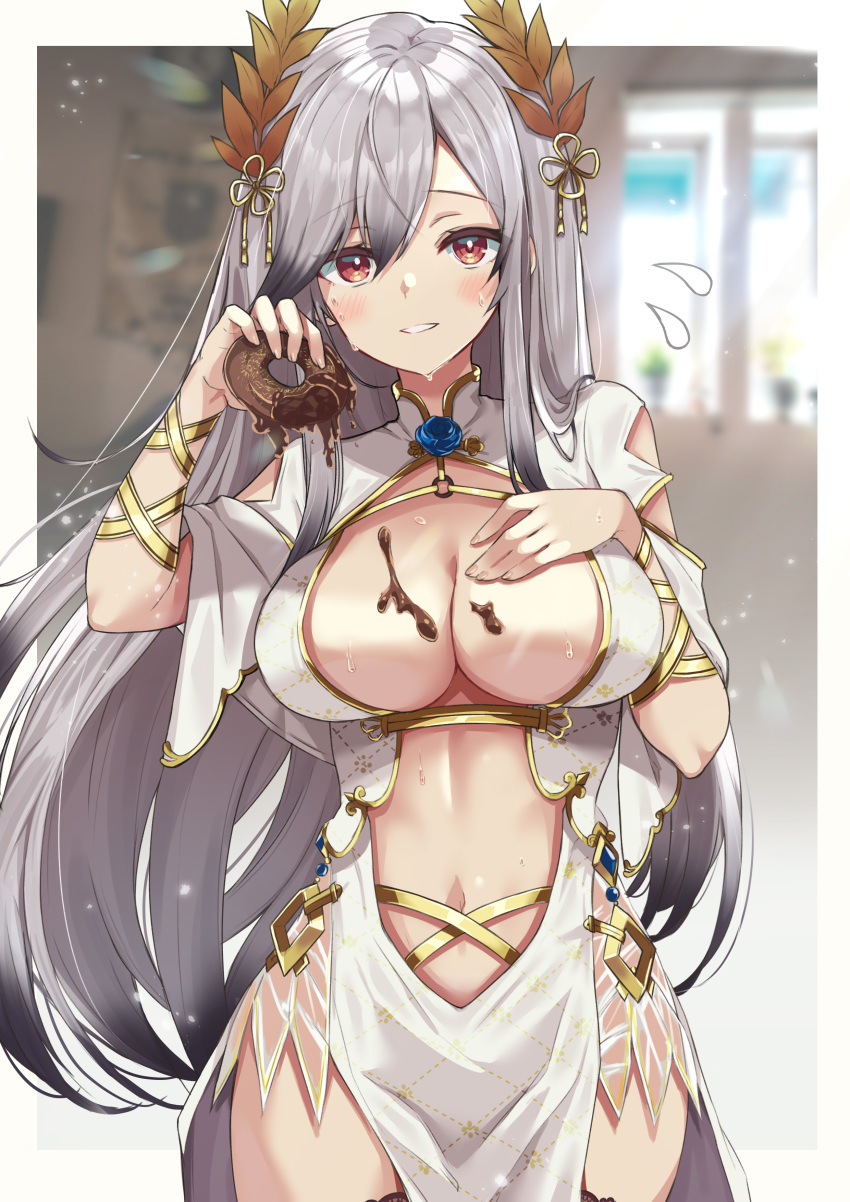 1girl absurdres azur_lane breasts center_opening china_dress chinese_clothes chocolate chocolate_on_body chocolate_on_breasts cleavage cosplay cowboy_shot doughnut dress dunkerque_(azur_lane) flying_sweatdrops food food_on_body grey_hair highres holding_doughnut large_breasts laurel_crown long_hair looking_at_viewer official_alternate_costume ralf sweat thighhighs victorious_(azur_lane) victorious_(azur_lane)_(cosplay) victorious_(guidance_of_the_spring_goddess)_(azur_lane)