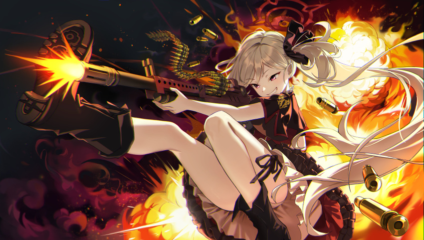 1girl absurdres black_footwear blue_archive boots bullet clenched_teeth commentary_request explosion firing gun h&amp;k_mg5 halo highres holding holding_gun holding_weapon legs long_hair mutsuki_(blue_archive) red_eyes side_ponytail siole skirt smile solo teeth very_long_hair weapon white_hair