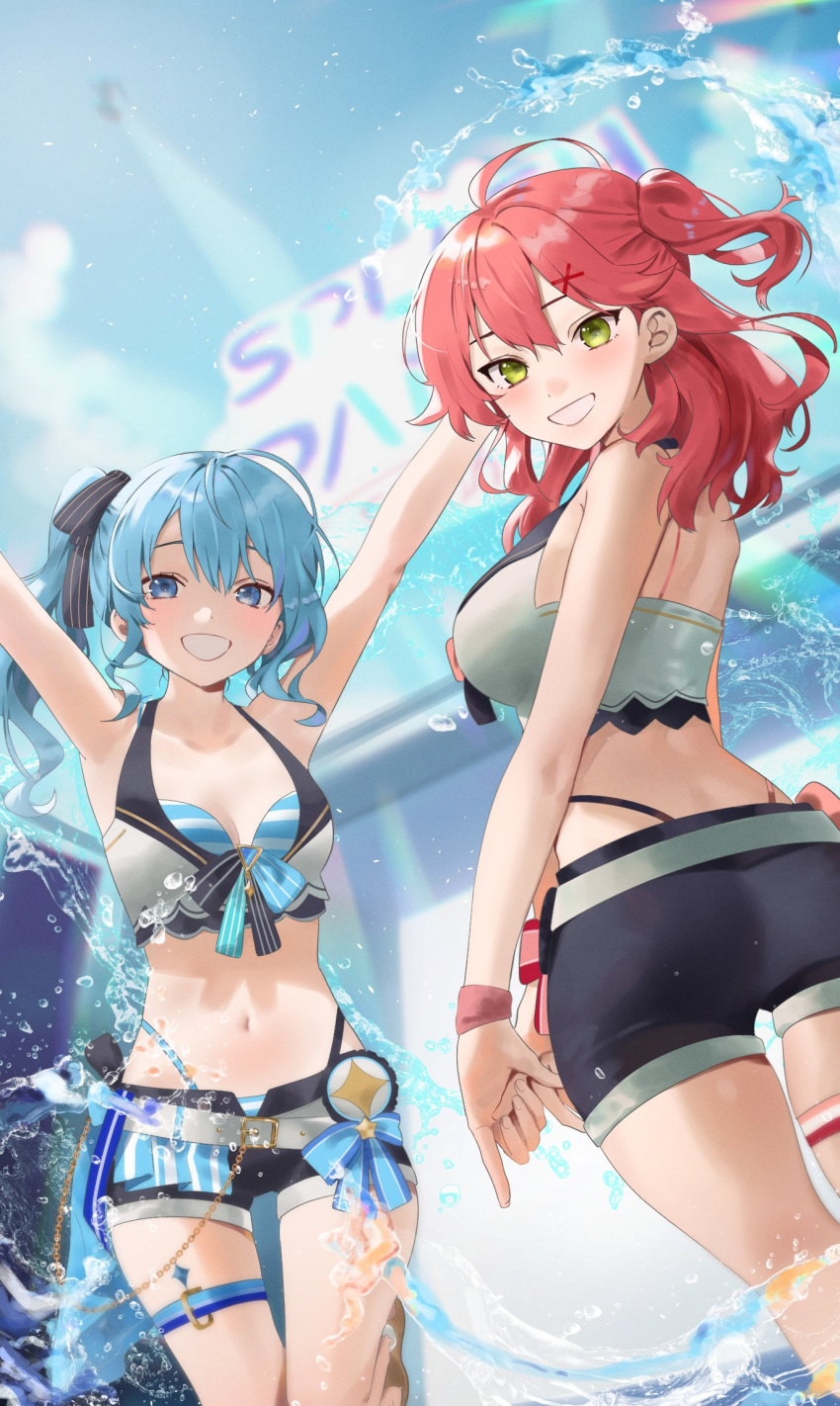 2girls :d armpits arms_up ass back belt bikini blue_eyes blue_hair blue_ribbon blue_sky breasts g-string green_eyes hair_ornament hair_ribbon hairpin hievasp highres hololive hololive_summer_2023_swimsuit hoshimachi_suisei long_hair looking_at_viewer medium_breasts multiple_girls pink_hair pink_ribbon ribbon sakura_miko short_shorts shorts side_ponytail sky small_breasts smile splashing swimsuit thigh_strap thong thong_bikini virtual_youtuber water white_belt