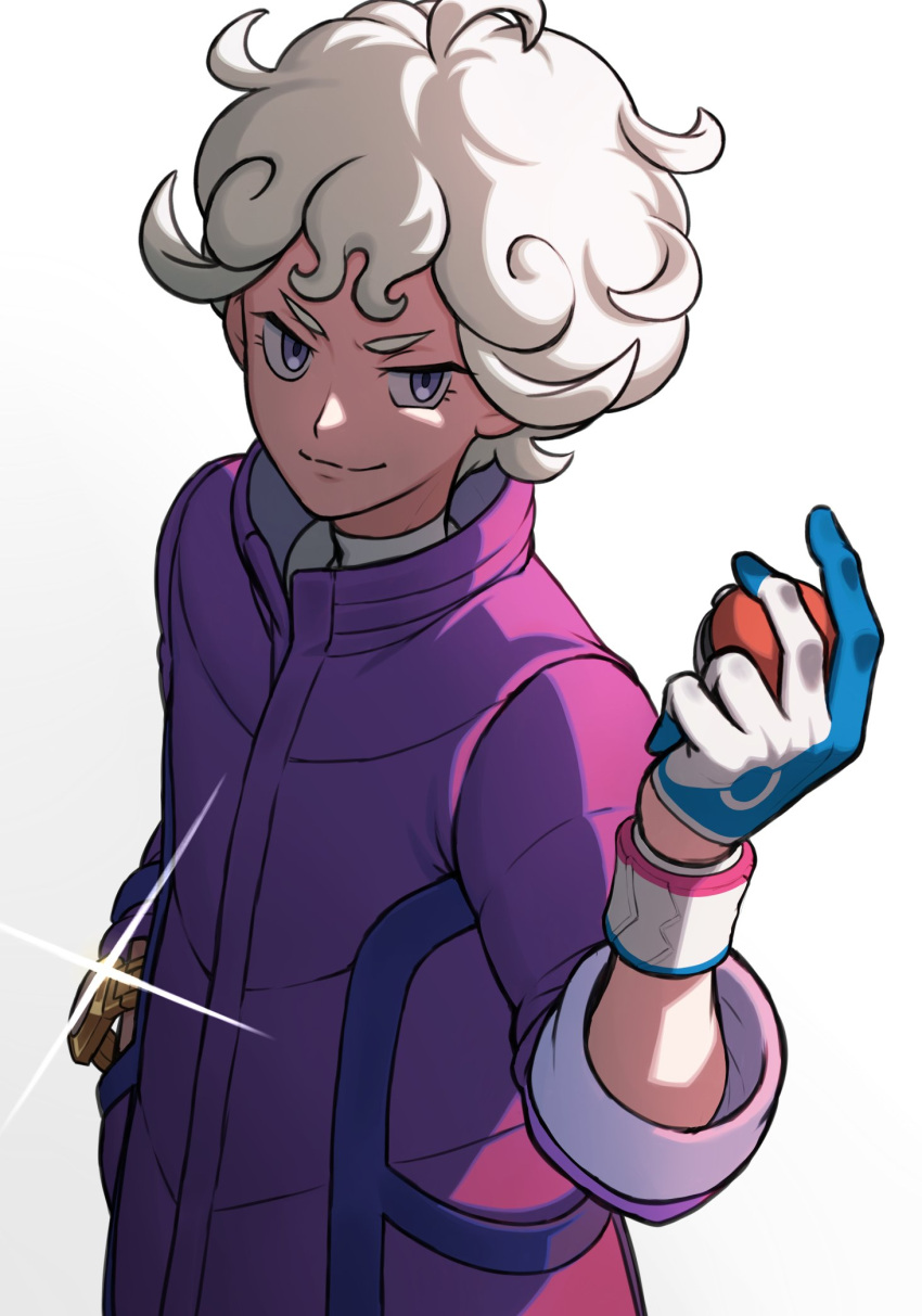 1boy ahoge bede_(pokemon) bite_addict blonde_hair closed_mouth coat commentary_request curly_hair dynamax_band gloves grey_eyes hand_up highres holding holding_poke_ball male_focus poke_ball poke_ball_(basic) pokemon pokemon_(game) pokemon_swsh purple_coat shirt short_hair simple_background single_glove smile solo split_mouth watch white_background white_shirt wristwatch