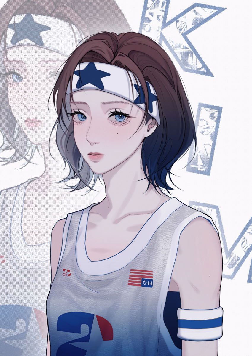 1girl absurdres aespa armband basketball_jersey black_camisole blue_eyes blush brown_hair camisole chinese_commentary collarbone grey_tank_top headband highres k-pop looking_at_viewer mole mole_under_eye parted_lips real_life short_hair sogcho17 solo tank_top white_headband winter_(aespa) zoom_layer