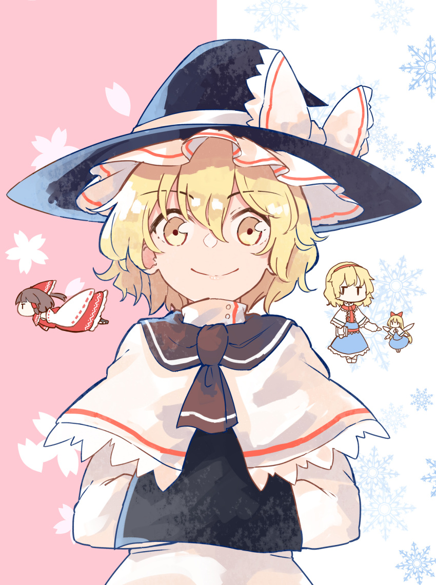 3girls alice_margatroid blonde_hair brown_hair closed_mouth deetamu hair_between_eyes hakurei_reimu highres kirisame_marisa looking_at_viewer multiple_girls shanghai_doll short_hair smile touhou yellow_eyes