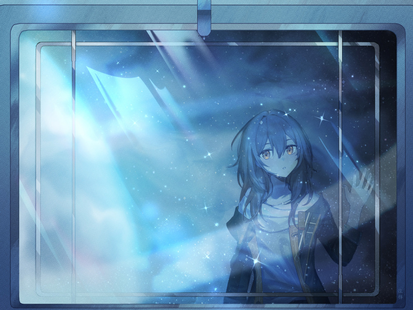 1girl absurdres against_glass black_coat coat collarbone commentary english_commentary grey_hair hair_between_eyes highres honkai:_star_rail honkai_(series) long_hair long_sleeves looking_at_viewer open_clothes open_coat parted_lips reflection shirt sidelocks sky solo space star_(sky) starry_sky stelle_(honkai:_star_rail) trailblazer_(honkai:_star_rail) train white_shirt window yellow_eyes zx961219