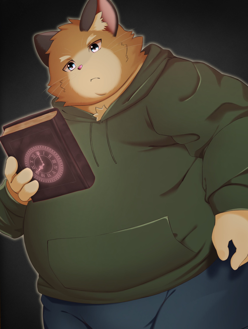 2023 absurd_res anthro belly big_belly book bottomwear clothing domestic_cat felid feline felis hi_res hoodie humanoid_hands kemono magic male mammal overweight overweight_male pants solo topwear trail_arnak