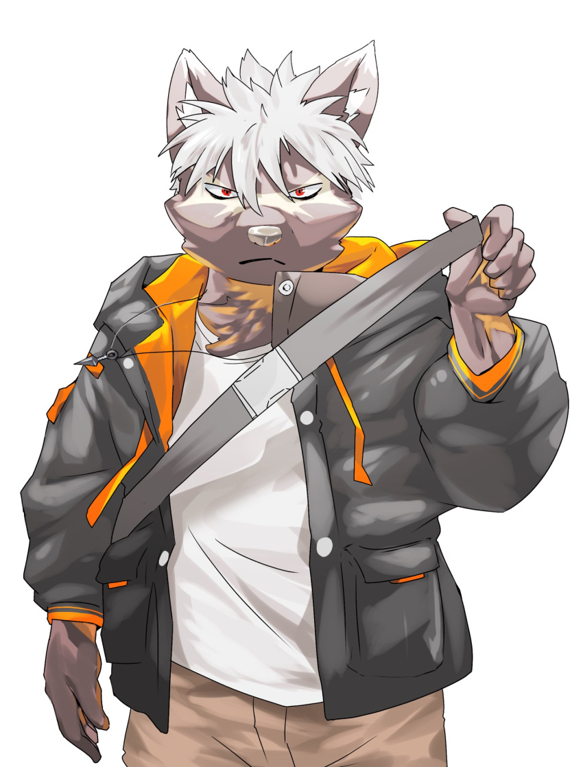 anthro backpack black_clothing black_hoodie black_topwear brown_hair canid canine canis clothing domestic_dog facial_scar hair hi_res hoodie khakis lifewonders male mammal nexusthelife red_eyes scar shirt solo tadatomo tokyo_afterschool_summoners topwear white_clothing white_hair white_shirt white_topwear