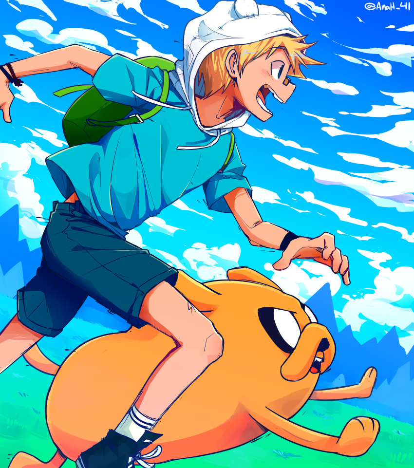 1boy absurdres adventure_time anah_41 animal animal_hood backpack bag bandaid bandaid_on_face bandaid_on_nose blonde_hair blue_eyes blue_shirt blue_shorts blush cloud dog finn_the_human highres hood hood_up jake_the_dog male_focus open_mouth outdoors shirt short_hair shorts sky smile twitter_username wristband