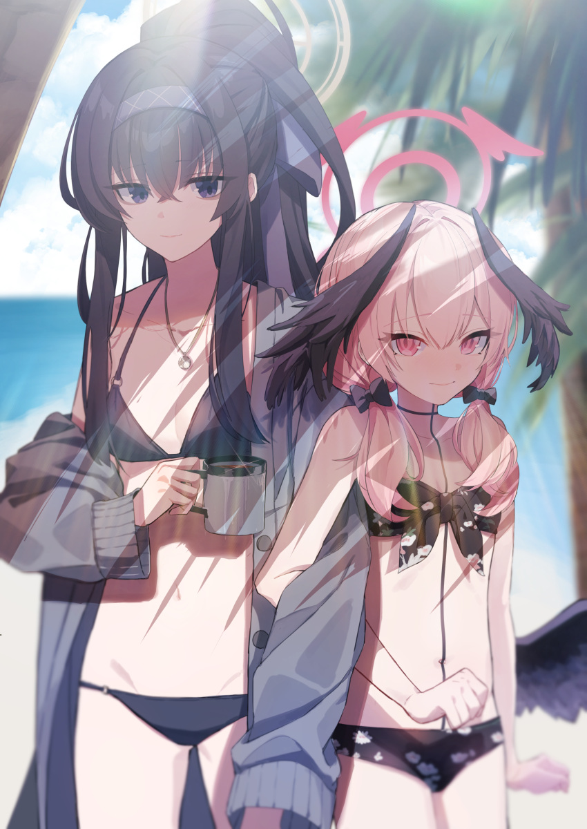 2girls 3: absurdres beach bikini black_bikini black_choker black_hair black_wings blue_archive blue_sky blurry bow breasts cardigan choker cleavage clenched_hands cloud cloudy_sky coconut_tree coffee_mug commentary_request cup depth_of_field feathered_wings grey_cardigan groin hair_between_eyes hair_bow hair_ribbon halo head_wings highres holding holding_cup jewelry koharu_(blue_archive) koharu_(swimsuit)_(blue_archive) long_hair long_sleeves looking_at_viewer mug multiple_girls nail_polish navel necklace ocean official_alternate_costume official_alternate_hairstyle open_cardigan open_clothes outdoors palm_tree pendant pink_eyes pink_hair ponytail purple_eyes ribbon sidelocks sky sleeveless small_breasts smile stomach sumutemu sunlight swimsuit tree tree_shade twintails ui_(blue_archive) ui_(swimsuit)_(blue_archive) wings