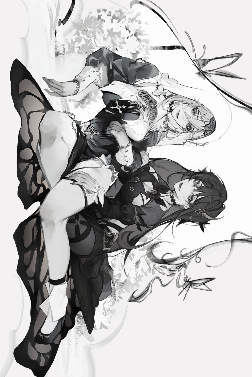 2girls absurdres aponia_(honkai_impact) bug butterfly dress eden_(honkai_impact) flower graphite_(medium) greyscale highres honkai_(series) honkai_impact_3rd long_hair monochrome multiple_girls orchid sitting traditional_media veil