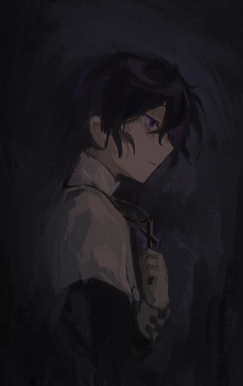 1boy black_hair black_shirt capelet closed_mouth cross cross_necklace cursenday's_dark_carnival from_side gloves high_collar highres holding jewelry long_sleeves male_focus martin_kang necklace priest purple_eyes shirt short_hair solo tatsujin_show white_capelet white_gloves
