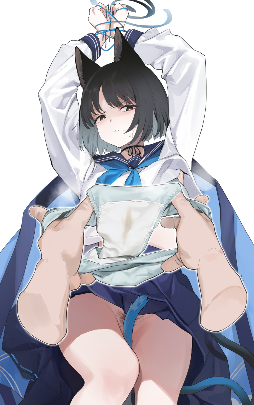1boy 1girl absurdres angry animal_ears arms_up bdsm black_eyes black_hair blue_archive blue_tail bondage bound cat_ears clothes_lift djheycha halo highres holding holding_clothes holding_panties holding_underwear kikyou_(blue_archive) no_panties panties pleated_skirt pubic_hair pussy_juice_stain ribbon sailor_collar school_uniform sensei_(blue_archive) short_hair skirt skirt_lift smell underwear