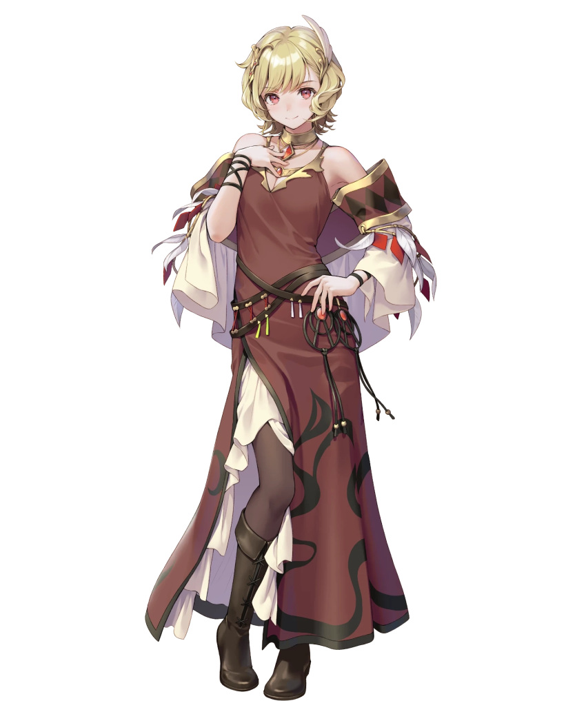 1girl bare_shoulders belt blonde_hair blush boots breasts capelet citrinne_(fire_emblem) closed_mouth dress feathers fire_emblem fire_emblem_engage fire_emblem_heroes full_body gold_trim hair_ornament hand_on_own_chest hand_on_own_hip hand_up highres jewelry knee_boots long_dress looking_at_viewer medium_breasts ne-on necklace non-web_source official_art pantyhose purple_eyes short_hair smile solo standing transparent_background