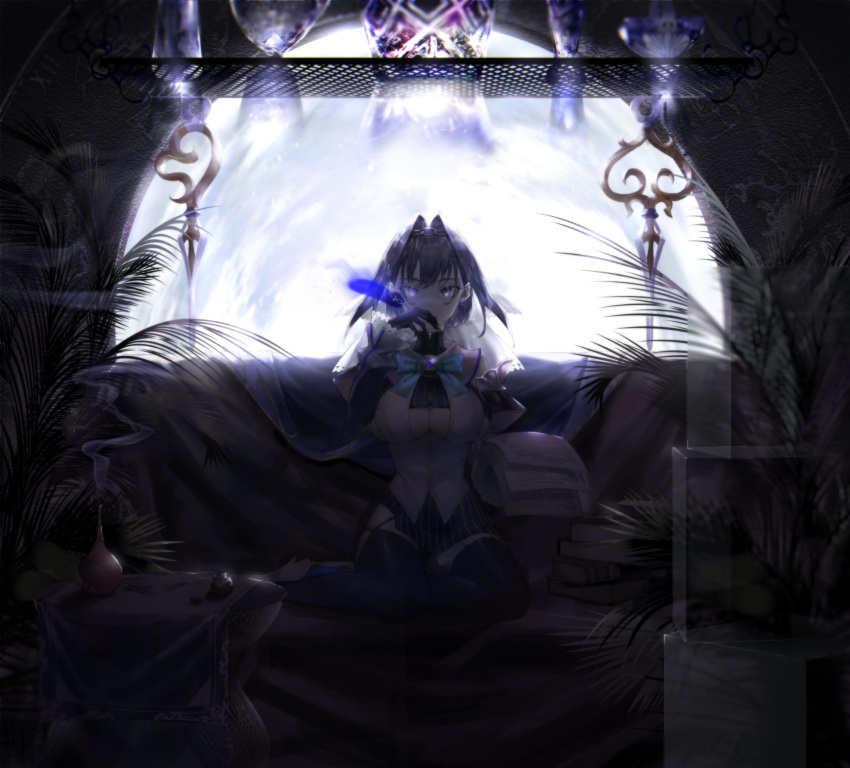 1girl backlighting black_gloves black_hair black_skirt black_thighhighs blue_bow blue_bowtie blue_cape blue_eyes book book_stack bottle bow bow_earrings bowtie breasts brooch cape chain_headband cleavage_cutout clock_hands closed_mouth clothing_cutout commentary couch dark detached_sleeves earrings expressionless feet_out_of_frame full_moon gloves hair_intakes hand_to_own_mouth headband heart-shaped_gem highres holding holding_paper holding_quill hololive hololive_english indoors ink_bottle jewelry large_breasts long_sleeves looking_at_viewer miniskirt mizuame_(pixiv70466540) moon on_couch ouro_kronii paper pinstripe_pattern pinstripe_skirt plant quill sailor_collar shelf shirt short_hair side_slit sitting skirt sleeveless sleeveless_shirt smoke solo straight-on striped table tablecloth thighhighs turtleneck vase veil virtual_youtuber white_shirt yokozuwari zipper