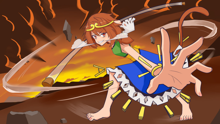 1girl barefoot cloud highres holding holding_staff looking_at_viewer moka monkey_girl monkey_tail reaching reaching_towards_viewer son_biten staff sunset tail touhou