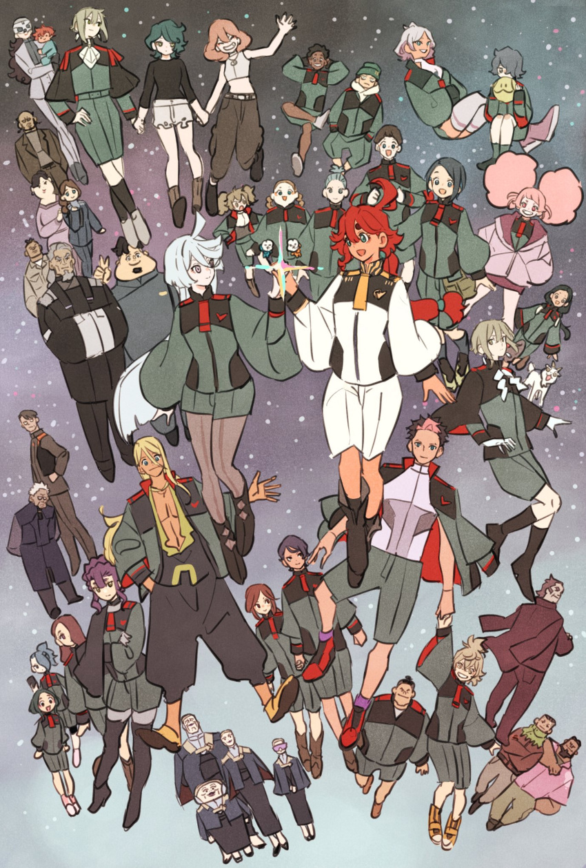 6+boys 6+girls ahoge aliya_mahvash asticassia_school_uniform black_hair blonde_hair blue_hair brown_hair chuatury_panlunch delling_rembran elan_ceres elnora_samaya ericht_samaya everyone felsi_rollo golneri_(gundam) guel_jeturk gundam gundam_suisei_no_majo henao_jazz highres holding_hands ireesha_plano kal_(gundam) kenanji_avery lauda_neill lilique_kadoka_lipati long_hair maisie_may martin_upmont miorine_rembran multiple_boys multiple_girls naji_geor_hija necktie nevola_(gundam) norea_du_noc nugen_(gundam) nuno_kargan ojelo_gabel olcott_(gundam) pantyhose petra_itta pink_hair prospera_mercury purple_hair red_hair renee_costa rouji_chante sabina_fardin sarius_zenelli school_uniform secelia_dote shoes shorts smile sophie_pulone space star_(sky) suletta_mercury takeuchi_ryousuke till_nys vim_jeturk white_hair