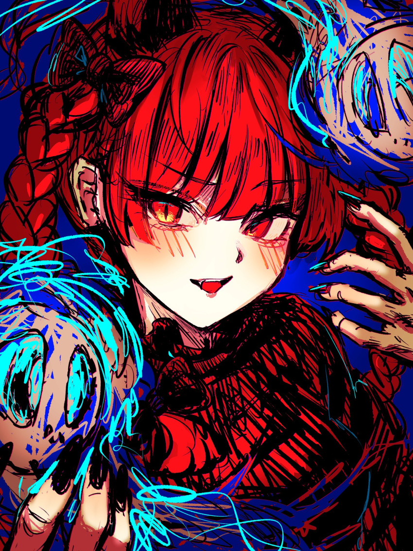 1girl animal_ears black_bow black_nails blue_background blunt_bangs blush bow braid breasts cat_ears commentary_request duo_chromatic extra_ears floating_skull hair_bow hands_up highres kaenbyou_rin long_hair looking_at_viewer medium_breasts nail_polish open_mouth red_eyes red_hair simple_background slit_pupils solo touhou twin_braids upper_body waramori_fuzuka