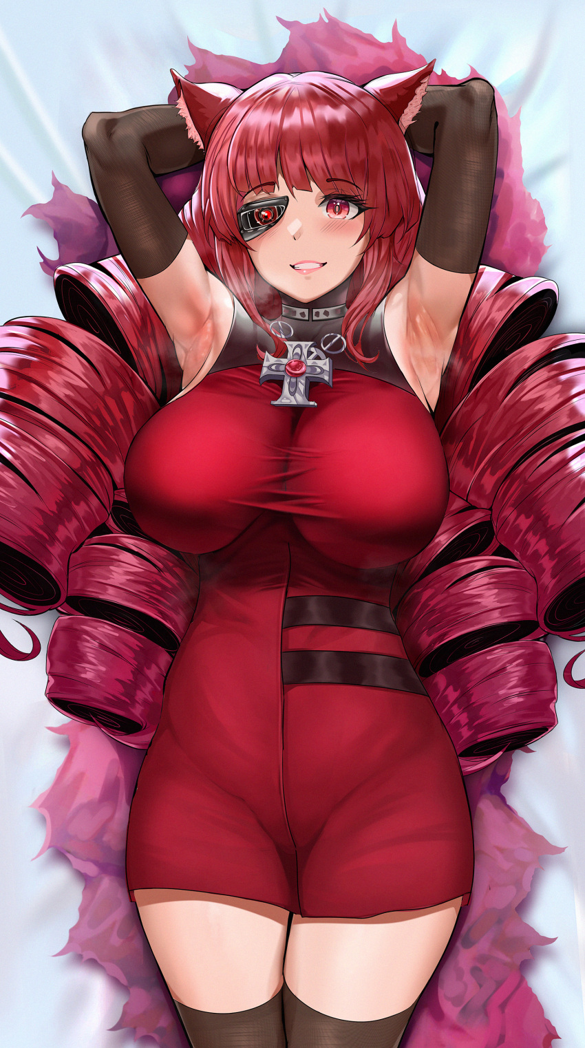 1girl absurdres animal_ear_fluff animal_ears armpits artificial_eye blush breasts cat_ears choker commentary cross cross_necklace dress drill_hair elbow_gloves gloves highres iron_cross jewelry large_breasts long_hair looking_at_viewer mechanical_eye necklace pencil_dress quad_drills red_dress red_eyes red_hair ringlets short_dress sidelocks smile solo stella_hoshii t3x thighhighs thighs va-11_hall-a very_long_hair