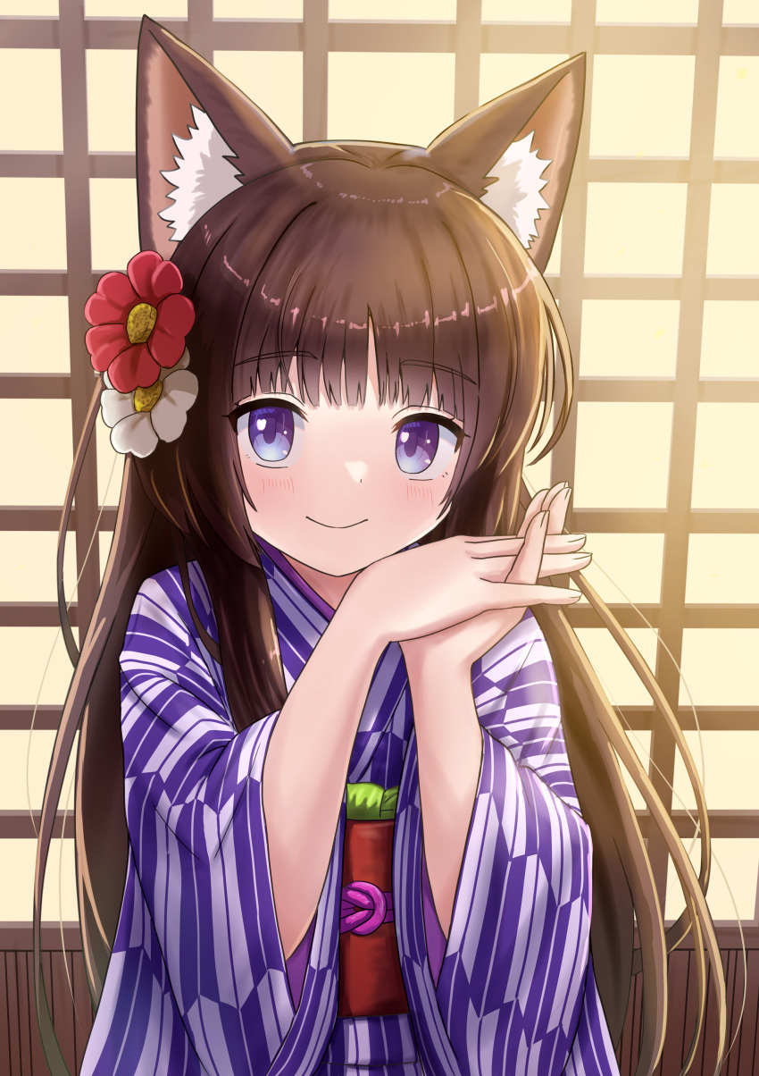 1girl absurdres animal_ear_fluff animal_ears blush brown_hair cat_ears closed_mouth commentary_request flower hair_flower hair_ornament hands_up highres indoors interlocked_fingers iroha_(iroha_matsurika) japanese_clothes kimono long_hair long_sleeves looking_at_viewer mutsuki_(iroha_(iroha_matsurika)) obi original own_hands_together print_kimono purple_eyes red_flower sash smile solo upper_body very_long_hair white_flower wide_sleeves yagasuri