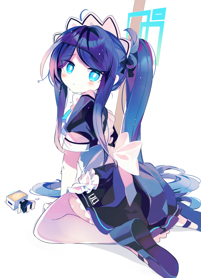 &lt;key&gt;_(robot)_(blue_archive) 1girl absurdres ahoge apron aris_(blue_archive) aris_(maid)_(blue_archive) arm_support back_bow between_legs black_dress black_footwear blue_archive blue_eyes blue_halo blush borrowed_clothes bow closed_mouth commentary dot_nose dress frilled_apron frilled_dress frills from_behind full_body halo hand_between_legs highres leaning_forward long_hair looking_at_viewer looking_back maid maid_apron maid_headdress meto_(metrin) ponytail puffy_short_sleeves puffy_sleeves purple_hair shoes short_sleeves sidelocks simple_background sitting solo swept_bangs symbol-only_commentary very_long_hair wariza water_drop wet white_apron white_background white_bow